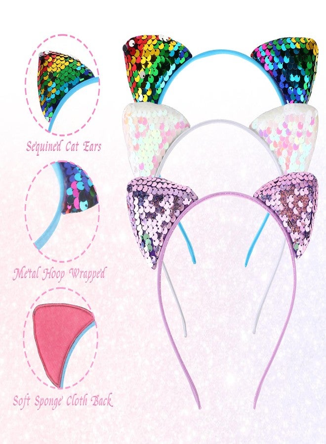 WLLHYF 3PCS Reversible Sequin Cat Ears Headband Halloween Glitter Headwear Shiny Hair Hoop Accessories for Adults Women Girls Spa Skin Care Makeup Christmas Raves Festival Party Cosplay Daily Wearing - Image 3