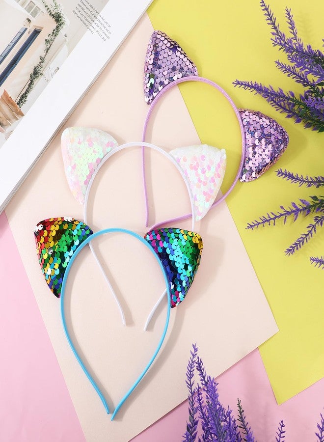 WLLHYF 3PCS Reversible Sequin Cat Ears Headband Halloween Glitter Headwear Shiny Hair Hoop Accessories for Adults Women Girls Spa Skin Care Makeup Christmas Raves Festival Party Cosplay Daily Wearing - Image 5
