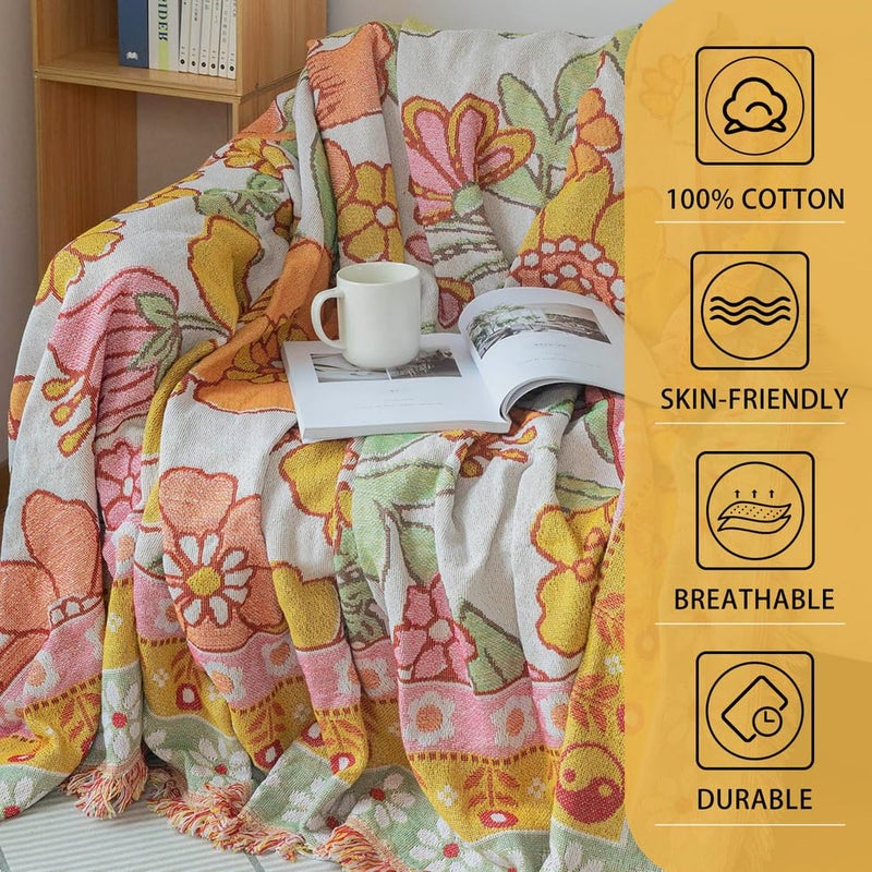 AMWAN Floral Pattern Sofa Cover 71'' X 118'' Cotton Crochet Machine Washable, Furniture Cover Couch Cover Durable Loveseat Cover 1 Piece Universal for 2 Cushion Furniture Protector Orange Yellow - Image 2