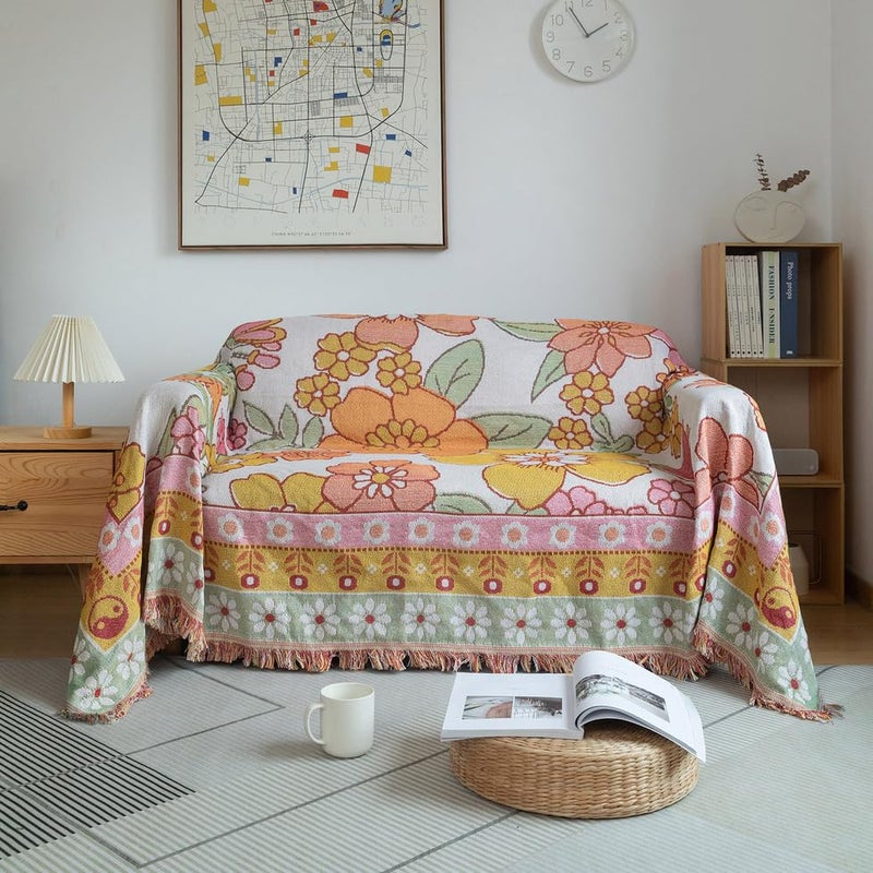 AMWAN Floral Pattern Sofa Cover 71'' X 118'' Cotton Crochet Machine Washable, Furniture Cover Couch Cover Durable Loveseat Cover 1 Piece Universal for 2 Cushion Furniture Protector Orange Yellow - Image 1