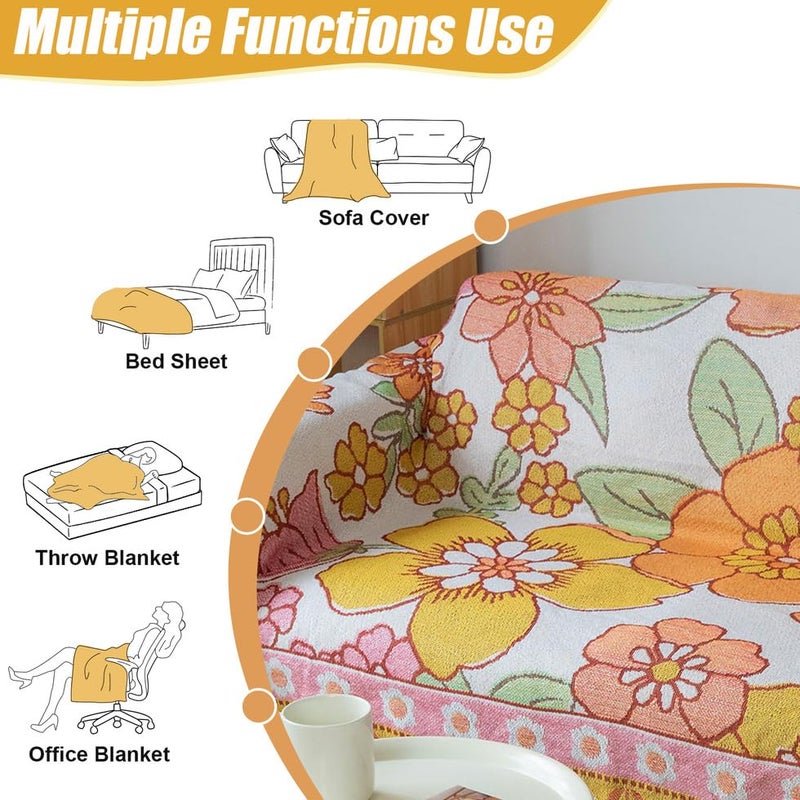 AMWAN Floral Pattern Sofa Cover 71'' X 118'' Cotton Crochet Machine Washable, Furniture Cover Couch Cover Durable Loveseat Cover 1 Piece Universal for 2 Cushion Furniture Protector Orange Yellow - Image 4