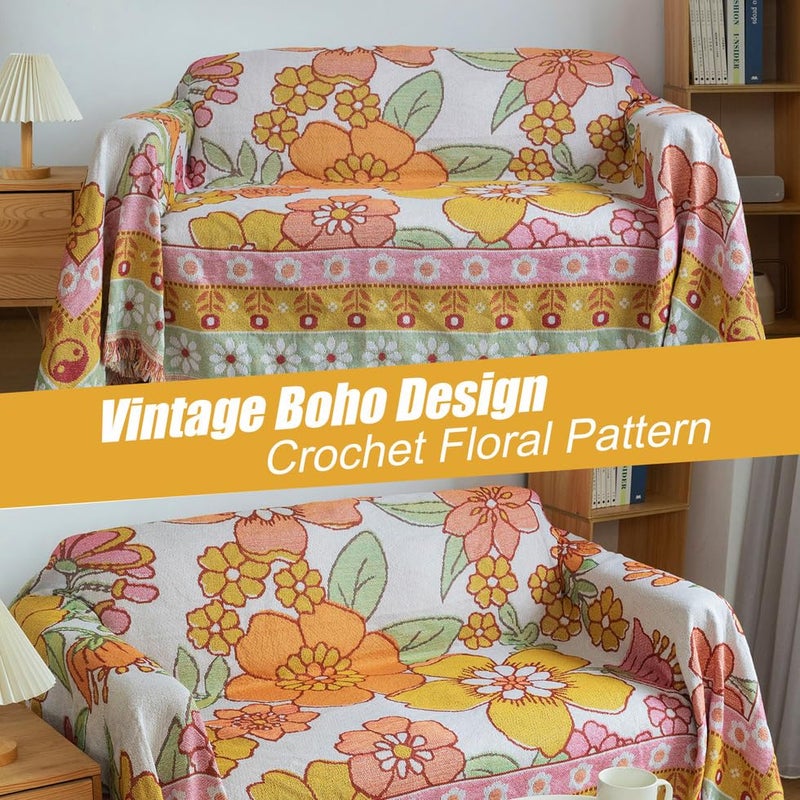 AMWAN Floral Pattern Sofa Cover 71'' X 118'' Cotton Crochet Machine Washable, Furniture Cover Couch Cover Durable Loveseat Cover 1 Piece Universal for 2 Cushion Furniture Protector Orange Yellow - Image 3