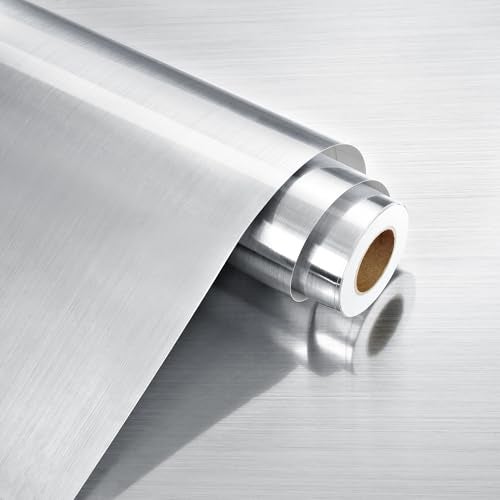 WESTICK Glossy Stainless Steel Contact Paper for Countertops Waterproof Refrigerator Wrap Oil Proof Brush Silver Vinyl Wallpaper Peel and Stick Metallic Fridge Wrap for Appliance Cabinets 158 x 80 - Image 1