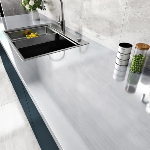 WESTICK Glossy Stainless Steel Contact Paper for Countertops Waterproof Refrigerator Wrap Oil Proof Brush Silver Vinyl Wallpaper Peel and Stick Metallic Fridge Wrap for Appliance Cabinets 158 x 80 - Image 3