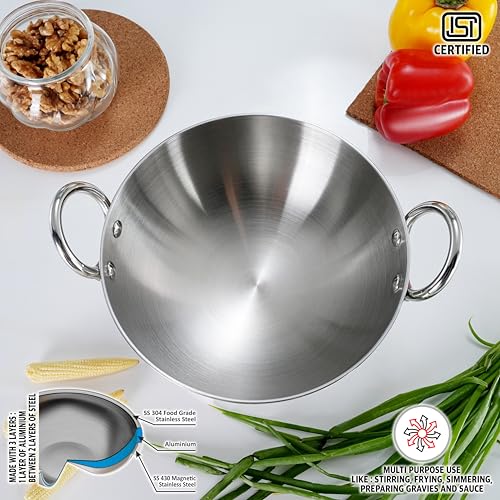 Sumeet ISI Certified Cook Smart TriPly Steel-Aluminium-Steel 3 Layer Round Bottom Kadai - 22cm, 2.350Ltr, Silver - Image 2