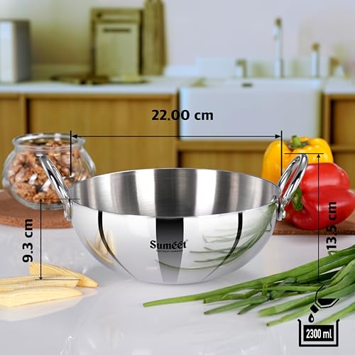 Sumeet ISI Certified Cook Smart TriPly Steel-Aluminium-Steel 3 Layer Round Bottom Kadai - 22cm, 2.350Ltr, Silver - Image 4