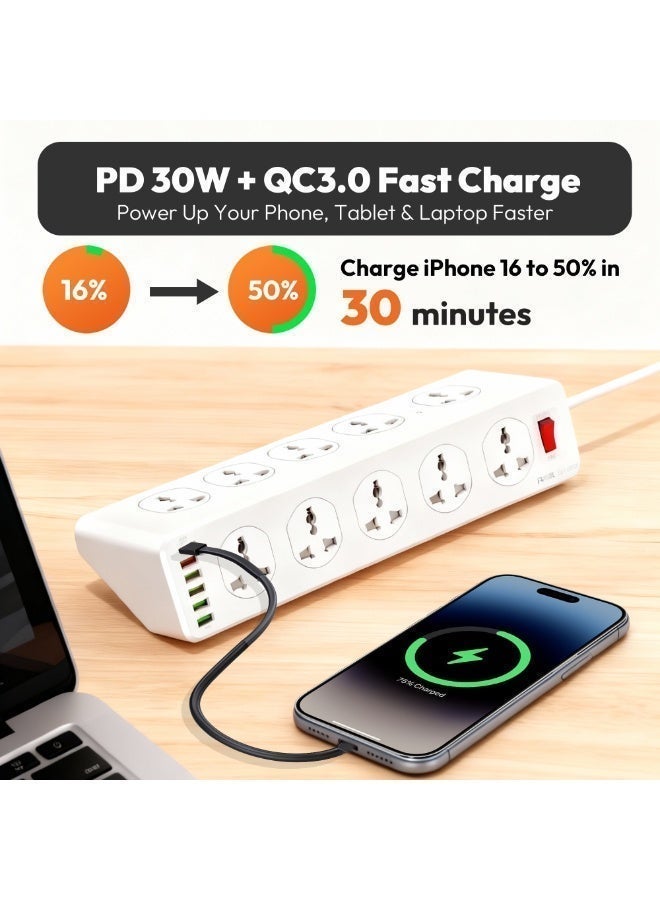 Arabayt  tech Power Extension Lead 10 Outlets with USB Port[18W PD],Surge Protection Power Strip with 1 USB-C & 5 USB Slots, Overload Protection Extension Socket With 3 Meter Extension Cord For Home Office - Image 2