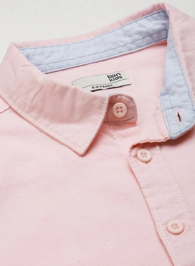 Bonkids Boy's shirts in regular fit pink colour cotton fabric embellished pattern pull over closure woven weave type round collar type round neckline half sleeve length button down upper body wear type suitable for casual occasions – bring home style that tells a story.