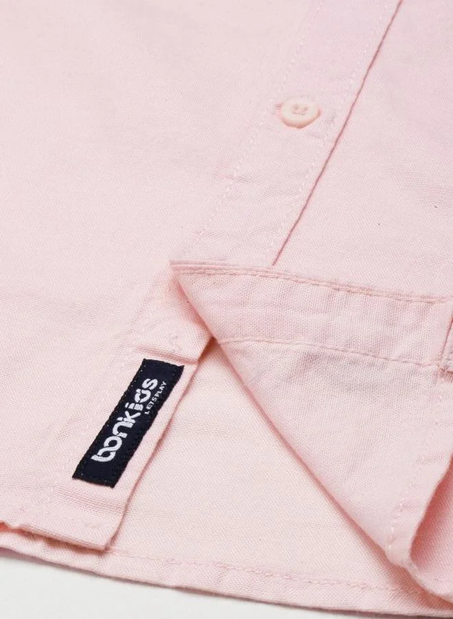 Bonkids Boy's shirts in regular fit pink colour cotton fabric embellished pattern pull over closure woven weave type round collar type round neckline half sleeve length button down upper body wear type suitable for casual occasions – bring home style that tells a story.