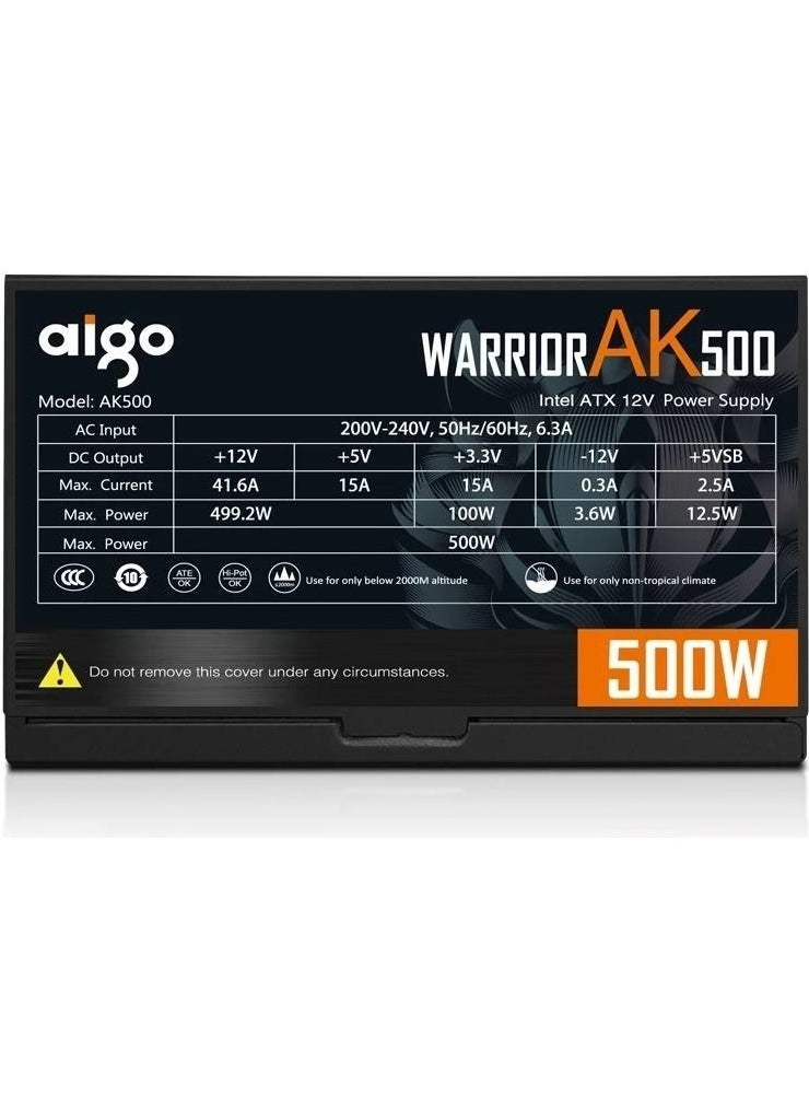 آيجو - AK500 Max 500W ATX مزود طاقة، PFC مدمج، تحكم ذكي في درجة الحرارة، مروحة تحمل هيدروليكية صامتة 12 سم، ATX 24pin 12V، 4 واجهة SATA، أسود | AK500 - Image 1
