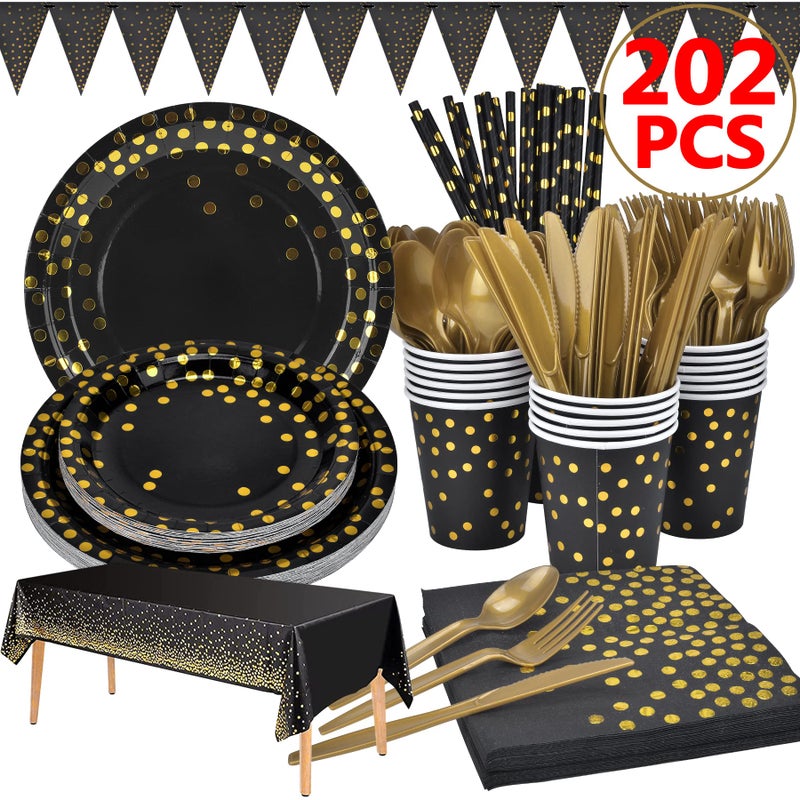 202pcs EcoFriendly Disposable Black and Gold Paper Plates Supplies Bulk Dinnerware Decorations for Party Wedding Birthday Dinner Dessert 25 Guest