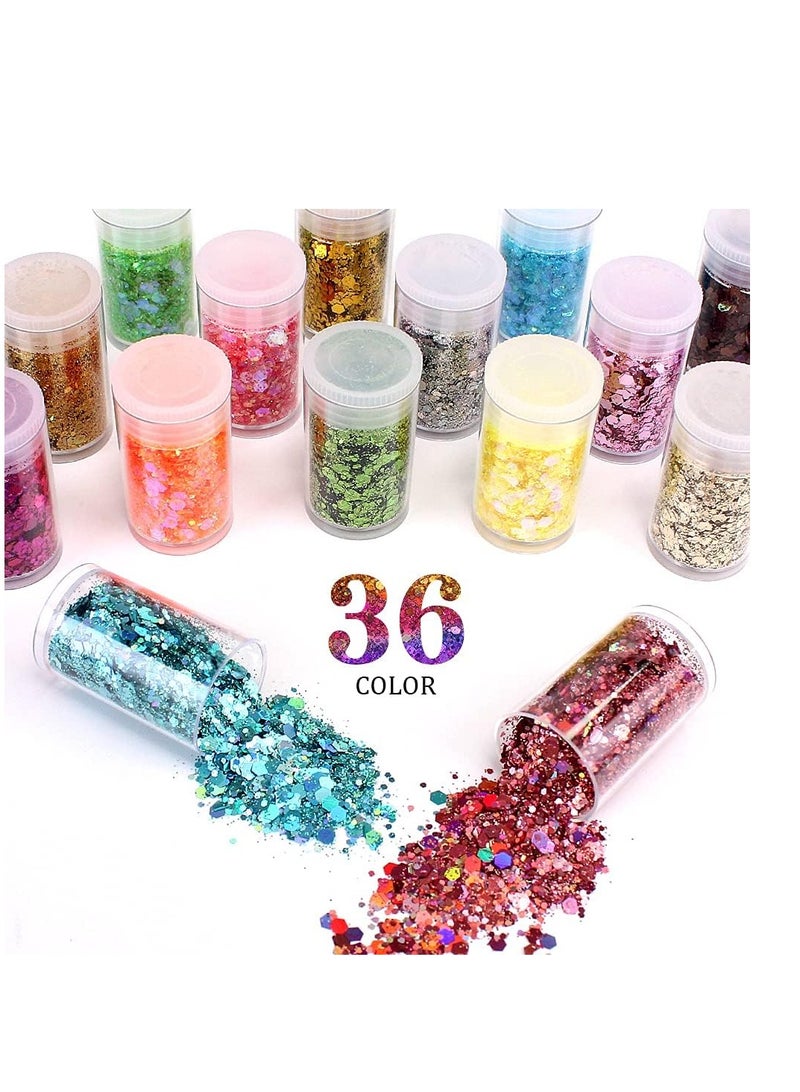 Estanoite Chunky and Fine Glitter Mix, Estanoite 36 Colors Chunky Sequins & Fine Glitter Powder Mix, Iridescent Glitter Flakes, Cosmetic Makeup Glitter for Face Body Eye Nail Art, Loose Glitter for Resin Epoxy - Image 2