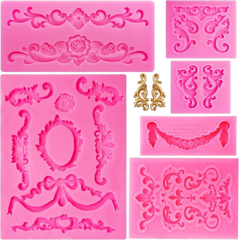 FMOACEN Baroque Style Silicone Molds, Curlicues Scroll Lace Fondant Molds, Vintage Relief Flower Mould Filigree 3D Clay Mold for Gummy Sugar Cookie Pastry Chocolate Mold for Clay Cupcake Topper Decor(6Pcs) - Image 1