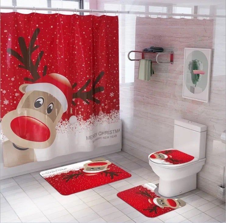 Y&D Christmas Bathroom Shower Curtain Mat Set Four-piece Waterproof Toilet Cover Mat Non Slip Rug Shower Curtain - Image 2
