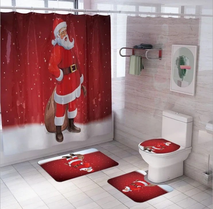 Y&D Christmas Bathroom Shower Curtain Mat Set Four-piece Waterproof Toilet Cover Mat Non Slip Rug Shower Curtain - Image 5