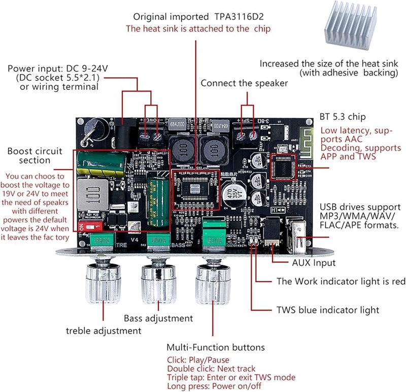 لوحة مكبر صوت أحادي 100 واط مع دائرة تعزيز الاقتران TWS وإدخال USB و AUX لمسرح المنزل - Image 5