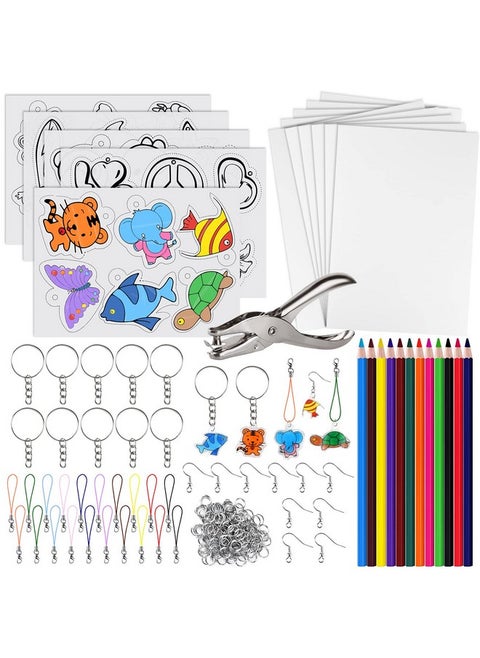 168 Pcs Shrinking Plastic Sheets Kit Includes 15 Shrinking Film Art Paper, Hole Punch, 12 Colored Pencils And 140 Pcs Shrinkles Keychain Jewelry Making Accessories For Kids Craft Supplies
