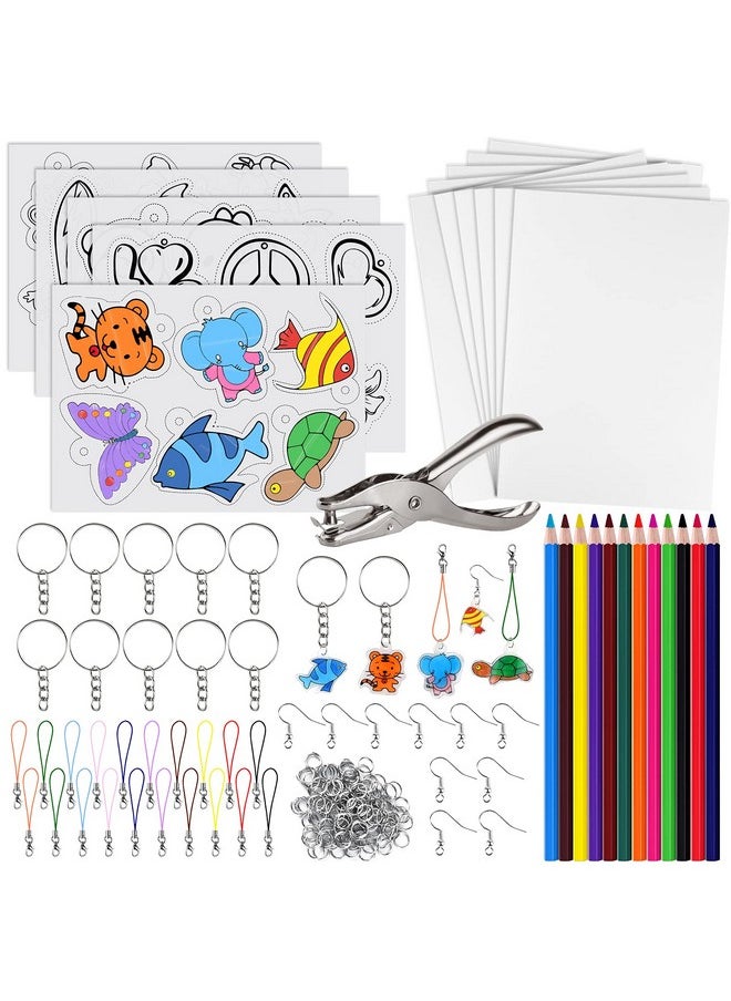168 Pcs Shrinking Plastic Sheets Kit Includes 15 Shrinking Film Art Paper, Hole Punch, 12 Colored Pencils And 140 Pcs Shrinkles Keychain Jewelry Making Accessories For Kids Craft Supplies