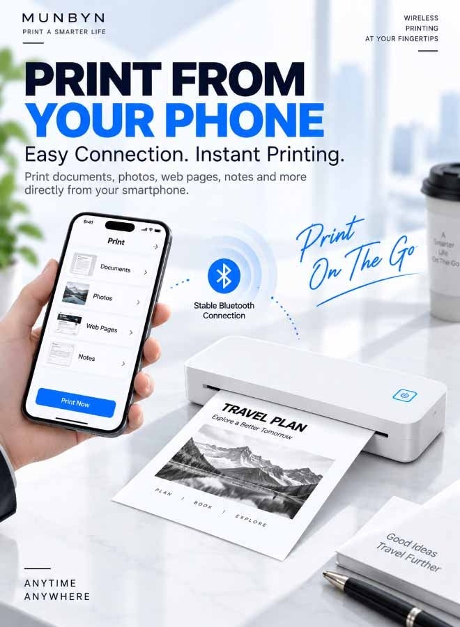 Marklife Portable A4 Thermal Printer, D80 Wireless Bluetooth Inkless Printer for Phone & Laptop, 203 DPI Compact Travel Printer with USB, for Home, Office, Car, School & Business, White - Image 3