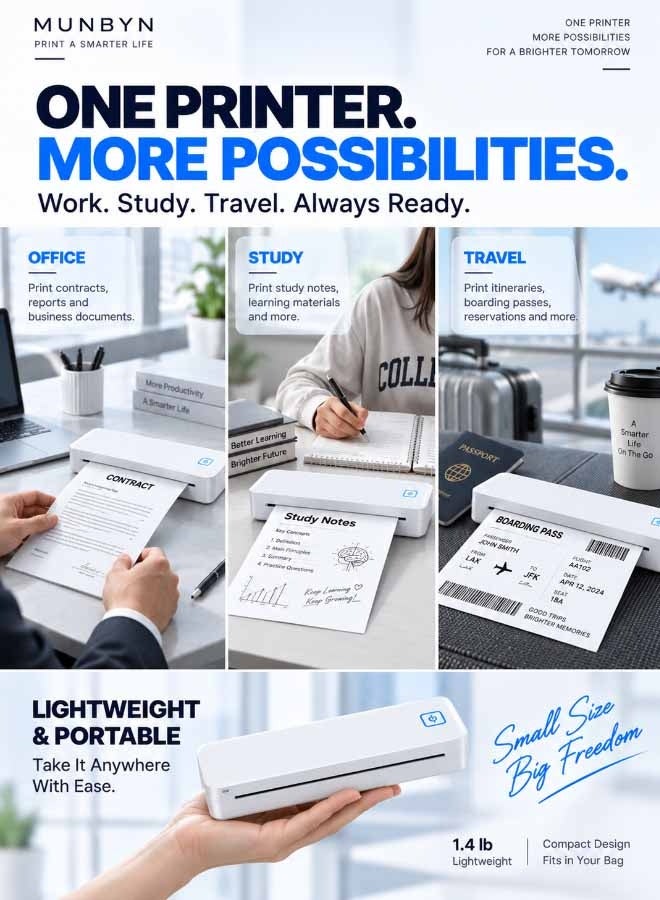 Marklife Portable A4 Thermal Printer, D80 Wireless Bluetooth Inkless Printer for Phone & Laptop, 203 DPI Compact Travel Printer with USB, for Home, Office, Car, School & Business, White - Image 5