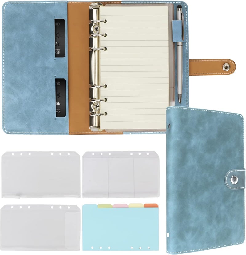 FYY Leather A6 Ring Binder Notebook, 6 Ring A6 Binder with A6 Refill Papers, Binder Pockets and Subject Dividers Paper Sheet, Travel Binder Journal Personal Planner with Ring Binder Cyan - Image 1