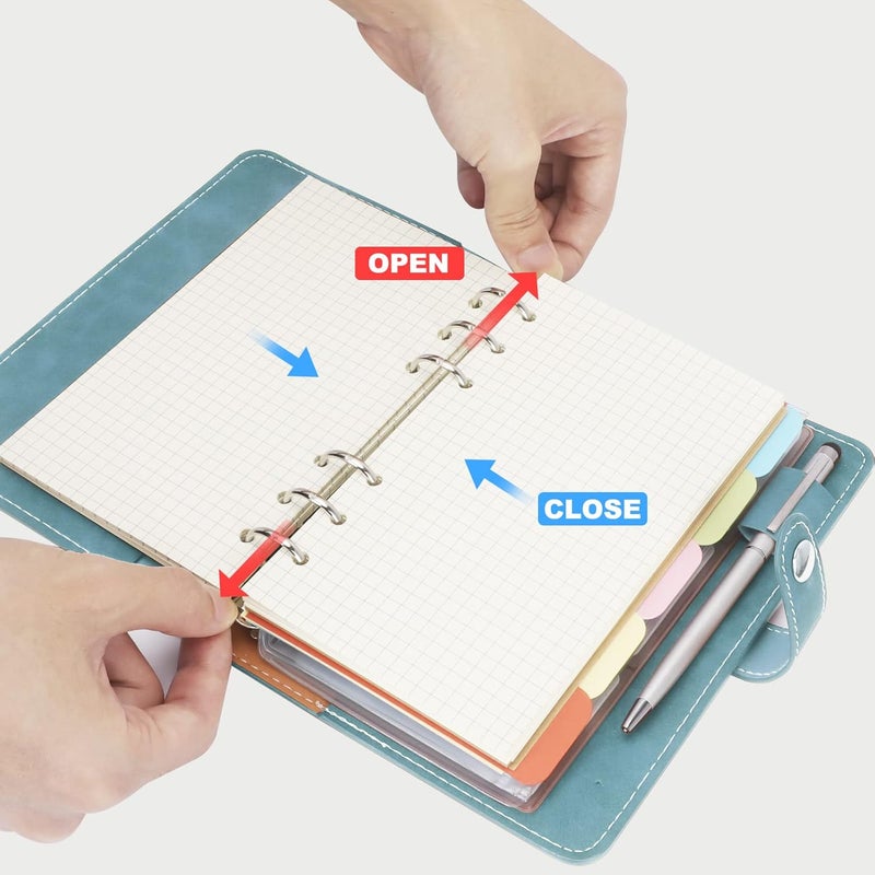 FYY Leather A6 Ring Binder Notebook, 6 Ring A6 Binder with A6 Refill Papers, Binder Pockets and Subject Dividers Paper Sheet, Travel Binder Journal Personal Planner with Ring Binder Cyan - Image 5