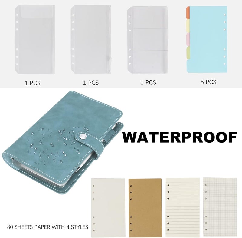 FYY Leather A6 Ring Binder Notebook, 6 Ring A6 Binder with A6 Refill Papers, Binder Pockets and Subject Dividers Paper Sheet, Travel Binder Journal Personal Planner with Ring Binder Cyan - Image 4
