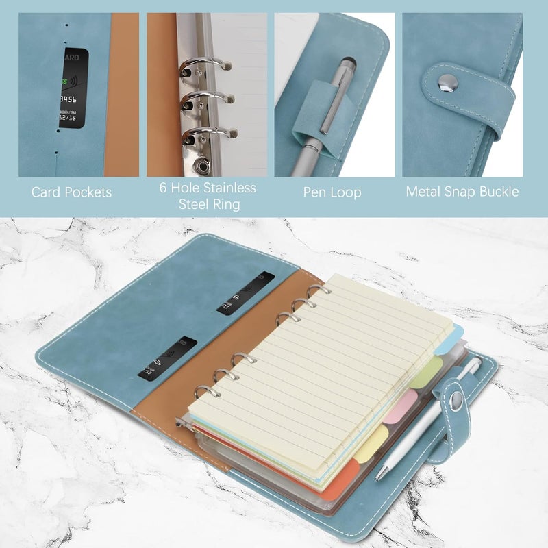 FYY Leather A6 Ring Binder Notebook, 6 Ring A6 Binder with A6 Refill Papers, Binder Pockets and Subject Dividers Paper Sheet, Travel Binder Journal Personal Planner with Ring Binder Cyan - Image 3
