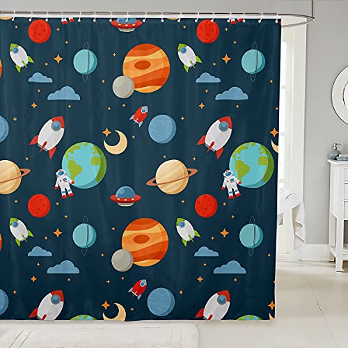 Feelyou Outer Space Shower Curtain Kids Cartoon Astronaut Rocket Bathroom Shower Curtain Set for Boys Girls Space Rocket Bath Curtain Moon Stars Universe Planets Waterproof Curtains Room Decor 72x78 Inch - Image 1