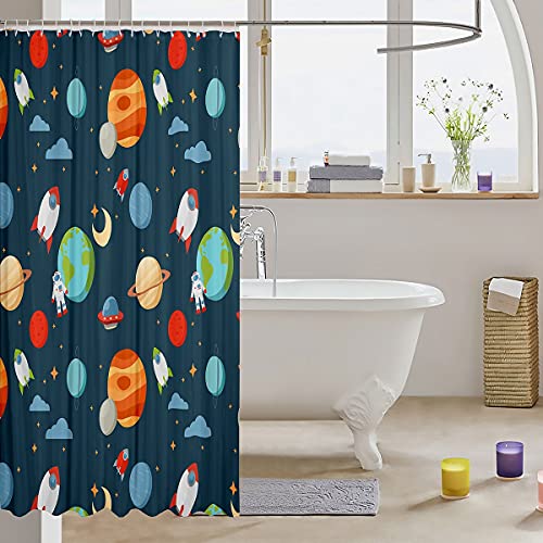 Feelyou Outer Space Shower Curtain Kids Cartoon Astronaut Rocket Bathroom Shower Curtain Set for Boys Girls Space Rocket Bath Curtain Moon Stars Universe Planets Waterproof Curtains Room Decor 72x78 Inch - Image 3