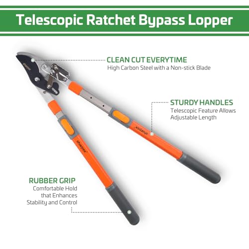 Sharpex Premium Heavy-Duty Carbon Steel Blade Ratchet Bypass Lopper | Adjustable Telescopic Aluminium Handles for Effortless Cutting of Branches Up to 2 Inches (Bright Orange) - Image 4