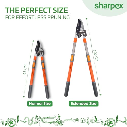 Sharpex Premium Heavy-Duty Carbon Steel Blade Ratchet Bypass Lopper | Adjustable Telescopic Aluminium Handles for Effortless Cutting of Branches Up to 2 Inches (Bright Orange) - Image 3