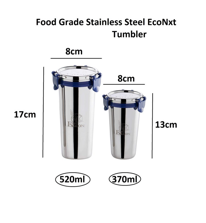 PDDFALCON Stainless Steel Eco Nxt Tumbler/Glass with Steel Lid and Extra Clamp, 100% Leakproof BIS Certified, Jindal Seal & Made in India (450Ml & 520Ml Each 1) - Image 2