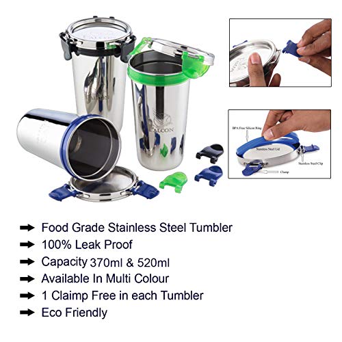 PDDFALCON Stainless Steel Eco Nxt Tumbler/Glass with Steel Lid and Extra Clamp, 100% Leakproof BIS Certified, Jindal Seal & Made in India (450Ml & 520Ml Each 1) - Image 3