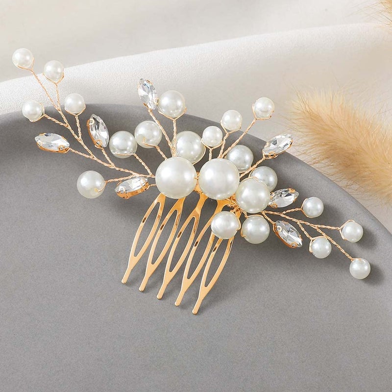 Latious Wedding Bride Pearl Hair Side Comb Gold Rhinestone Bridal Hair Clips Crystal Hair Pieces Hair Accessories for Women and Girls T Gold