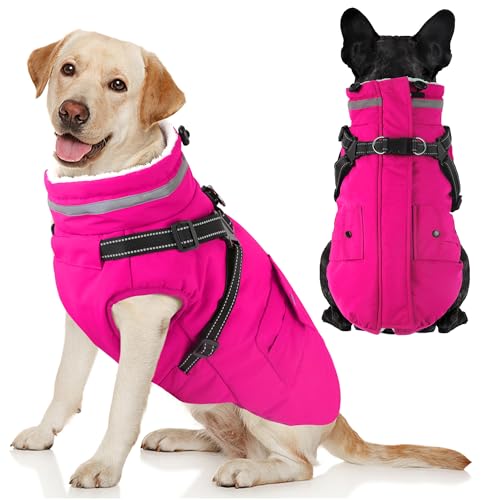 Dogcheer Dog Coat with Harness Waterproof Warm Dog Winter Jacket with Pockets Reflective Pet Fleece Jacket Turtleneck Snowsuit for Small Medium Large Dogs Pink XS - Image 1