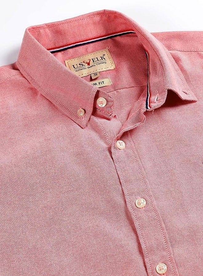 U.S. ELK Men's Button Down Shirt | Casual Slim Fit Shirt | Long Sleeve Oxford Shirts For Men | Smart Fit Cuff - Oxford Red  - Image 3