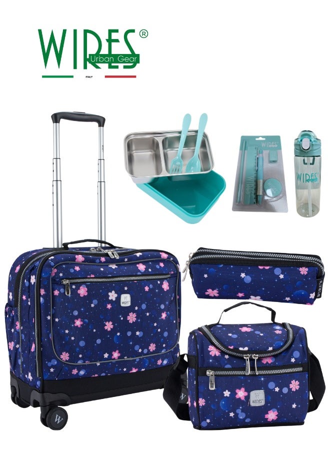 Wires 3 Piece Kids School Trolley Bag laptop compartment 8 Wheels With Lunch bag & Pencil Case  - Image 1