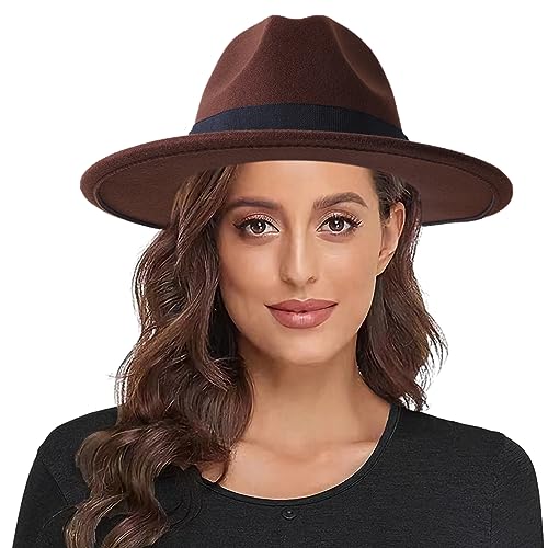 Lanzom Women Wide Brim Warm Wool Fedora Hat Retro Style Belt Panama Hat (Coffee, One Size) - Image 1