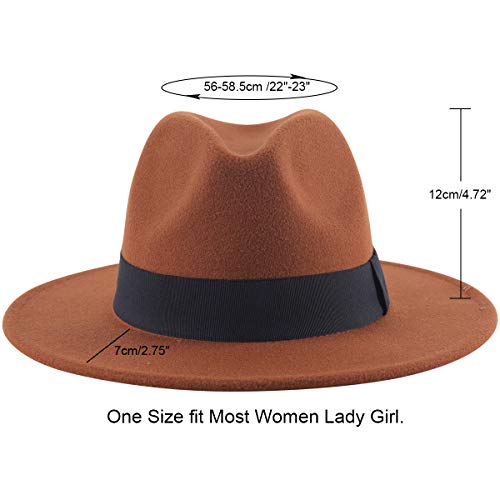 Lanzom Women Wide Brim Warm Wool Fedora Hat Retro Style Belt Panama Hat (Coffee, One Size) - Image 2