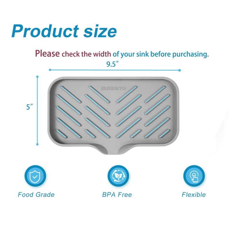 SUBEKYU Silicone Kitchen Soap Tray, Sink Tray for Kitchen Counter/Soap Bottles, Sponge Holder and Organizer with Drain Spout, Grey, [Size: 9.5 x 5 inch] - Image 2