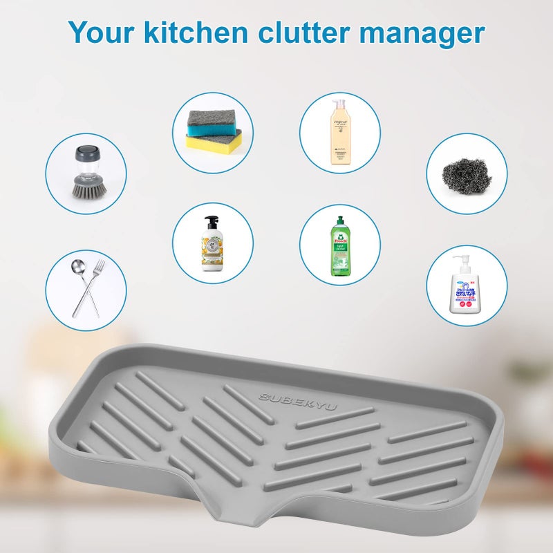 SUBEKYU Silicone Kitchen Soap Tray, Sink Tray for Kitchen Counter/Soap Bottles, Sponge Holder and Organizer with Drain Spout, Grey, [Size: 9.5 x 5 inch] - Image 5