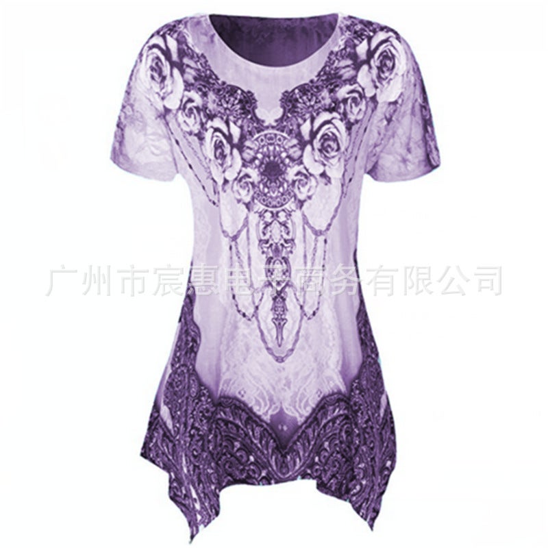 AliExpress wish 2022 new European and American women's clothing printing short-sleeved T-shirt large size irregular top women purple XXXL - Image 1