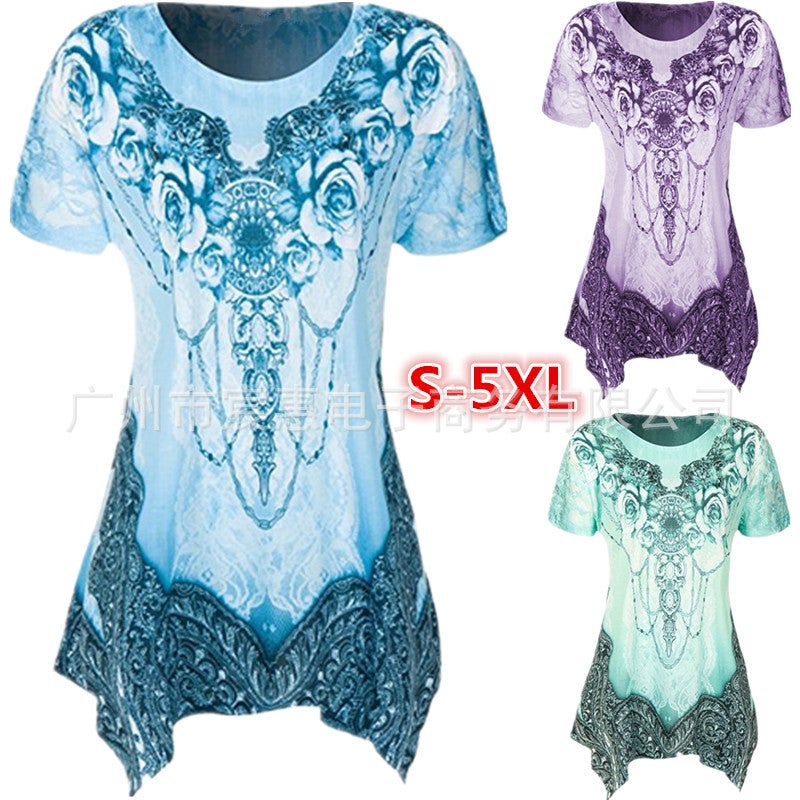 AliExpress wish 2022 new European and American women's clothing printing short-sleeved T-shirt large size irregular top women purple XXXL - Image 2