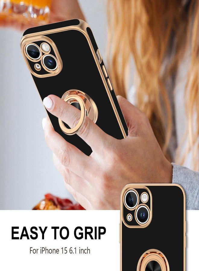 Hython for iPhone 15 Case with Ring Stand, 360° Rotatable Ring Holder Magnetic Kickstand, Plating Rose Gold Edge Soft Cover Women Men Luxury Protective Phone Case for iPhone 15 6.1", Black - Image 2