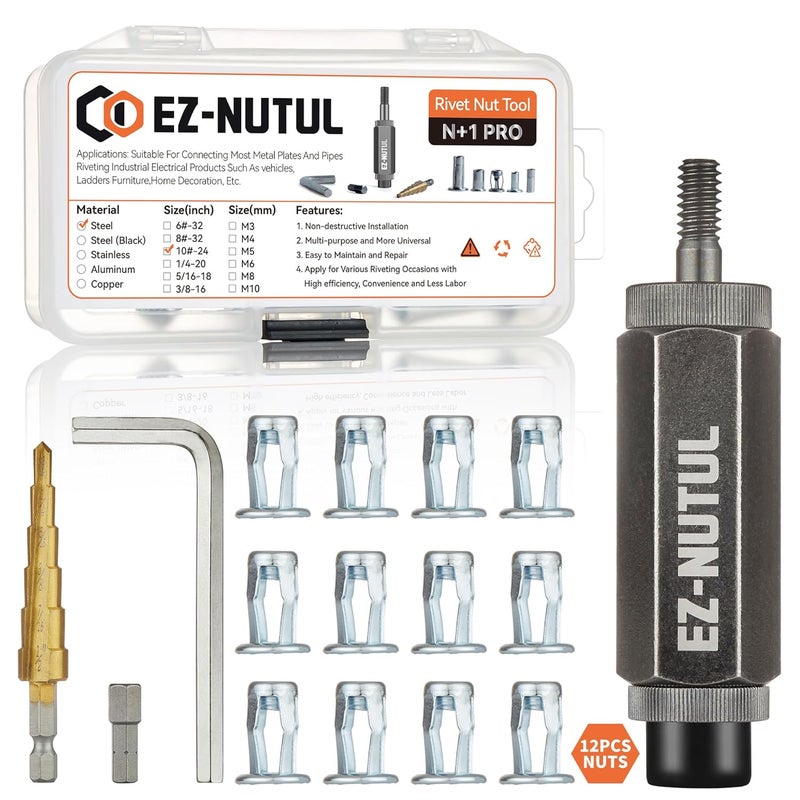 EZ-NUTUL Jack nut Installation Tool Set Hand Thread Insert Jacknuts Assortment Kit for Thin Metal Plastic Polywood Pressboard Hardboard (10-24 (Jack Nut Tool-12pcs)) - Image 1