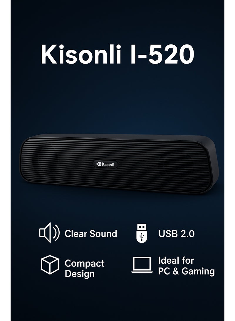 Kisonli I-520 USB Speaker – Clear Sound, Compact Design – Ideal for PC & Gaming – Black - Image 1