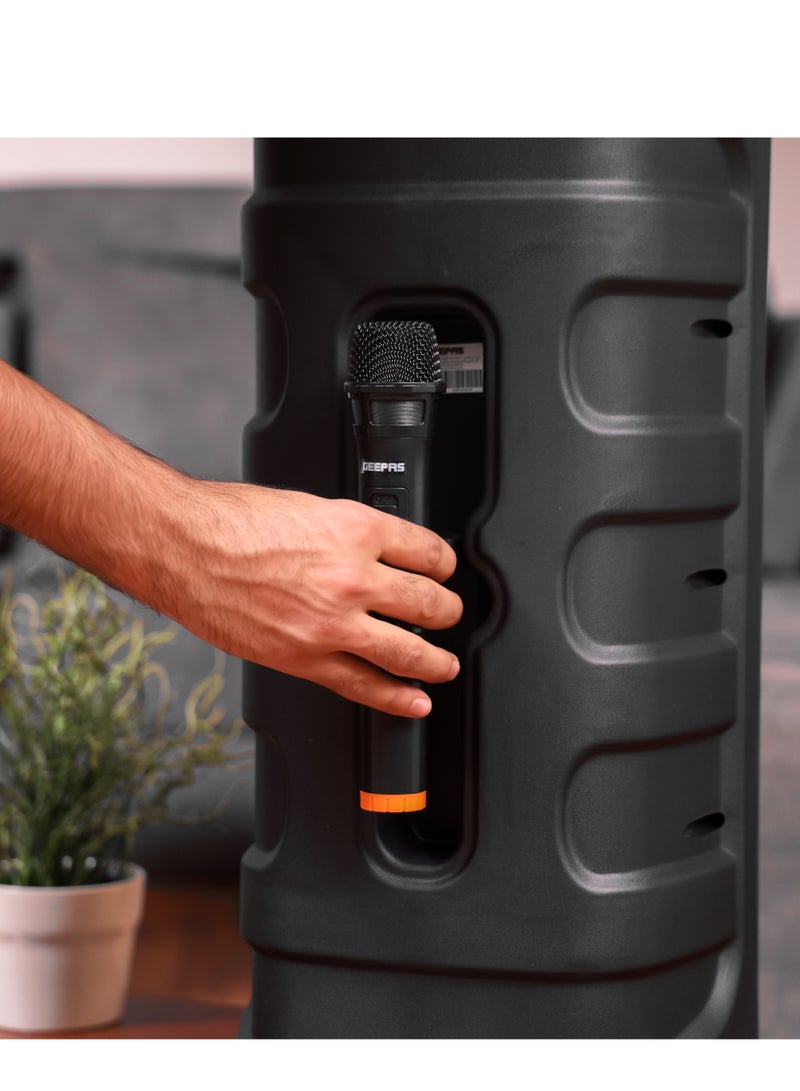 جيباس سماعة محمولة قابلة لإعادة الشحن - GMS11194 / إضاءة RGB، مدخل USB، بطاقة TF، تقنية TWS، راديو FM، ميكروفون VHF، بلوتوث / قدرة صوتية 30000 واط PMPO / مزودة بجهاز تحكم عن بُعد / مثالية للحفلات، الفعاليات، الترفيه المنزلي / اللون الأسود، ضمان لمدة سنتين - Image 4