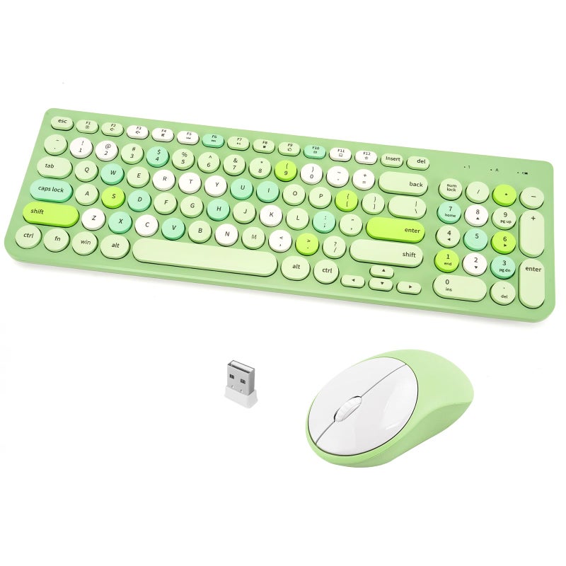 GUKJOB Wireless Keyboard and Mouse Combo, Retro Typewriter Keyboard with Round Keycaps, 2.4GHz USB Cute Wireless Keyboard Mouse for Computer, Desktop, Laptop (Green Colorful) - Image 1