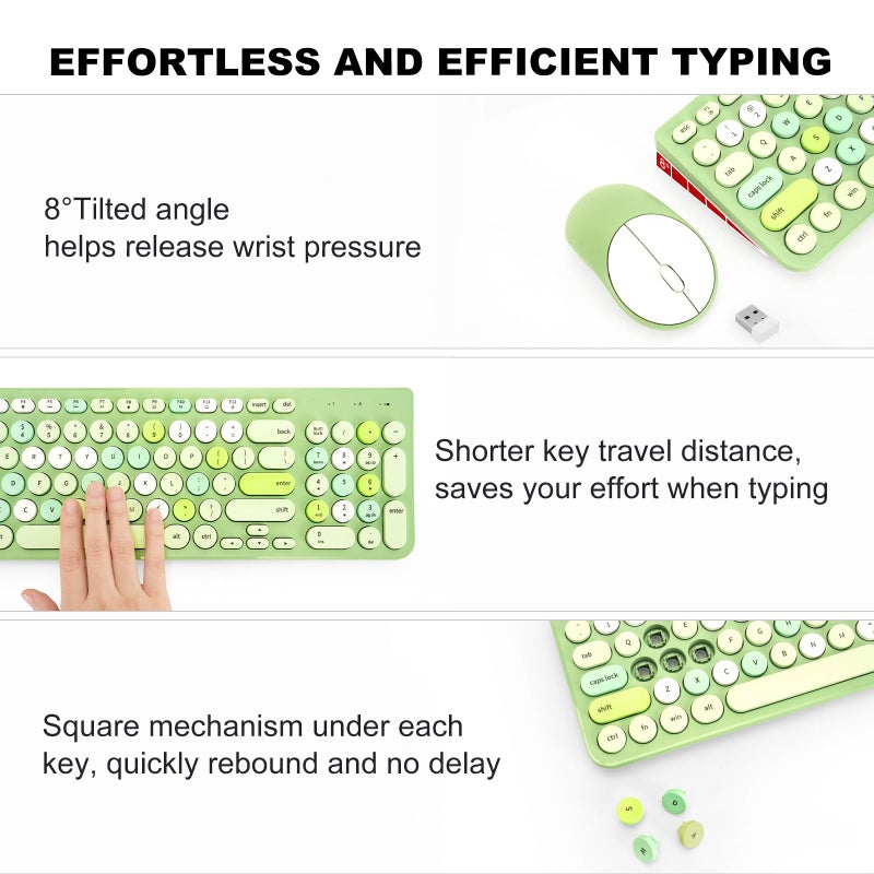 GUKJOB Wireless Keyboard and Mouse Combo, Retro Typewriter Keyboard with Round Keycaps, 2.4GHz USB Cute Wireless Keyboard Mouse for Computer, Desktop, Laptop (Green Colorful) - Image 4
